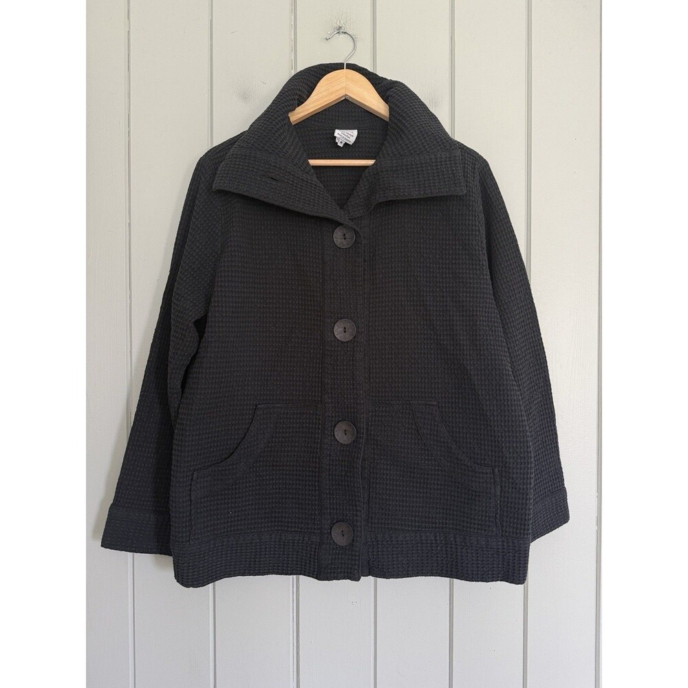 Focus Casual Life Waffle Knit Button Front Cardigan M Medium Black Pockets Lagen